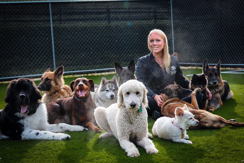 Paw & Order owner, Elissa with lots of dogs